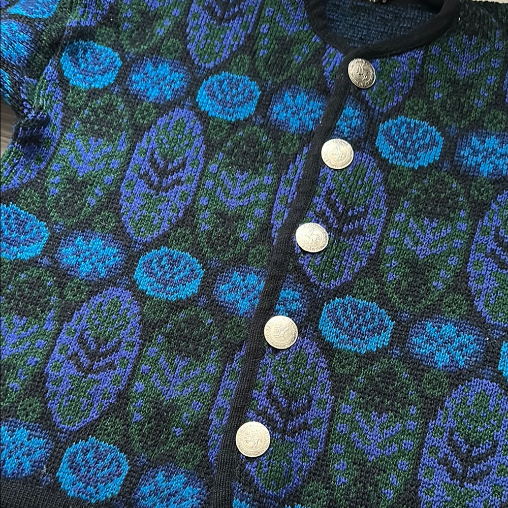 Vintage Norvyk by Ren-Dale Knit Virgin Wool Cardigan with Blue and Green Pattern - Picture 10 of 11